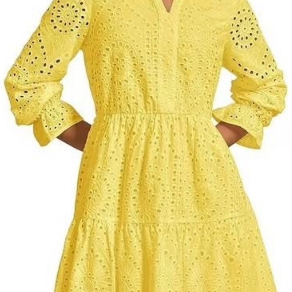 XL Women's Long Sleeve Mini Dress Eyelet V Neck A Line Casual Elegant Holiday